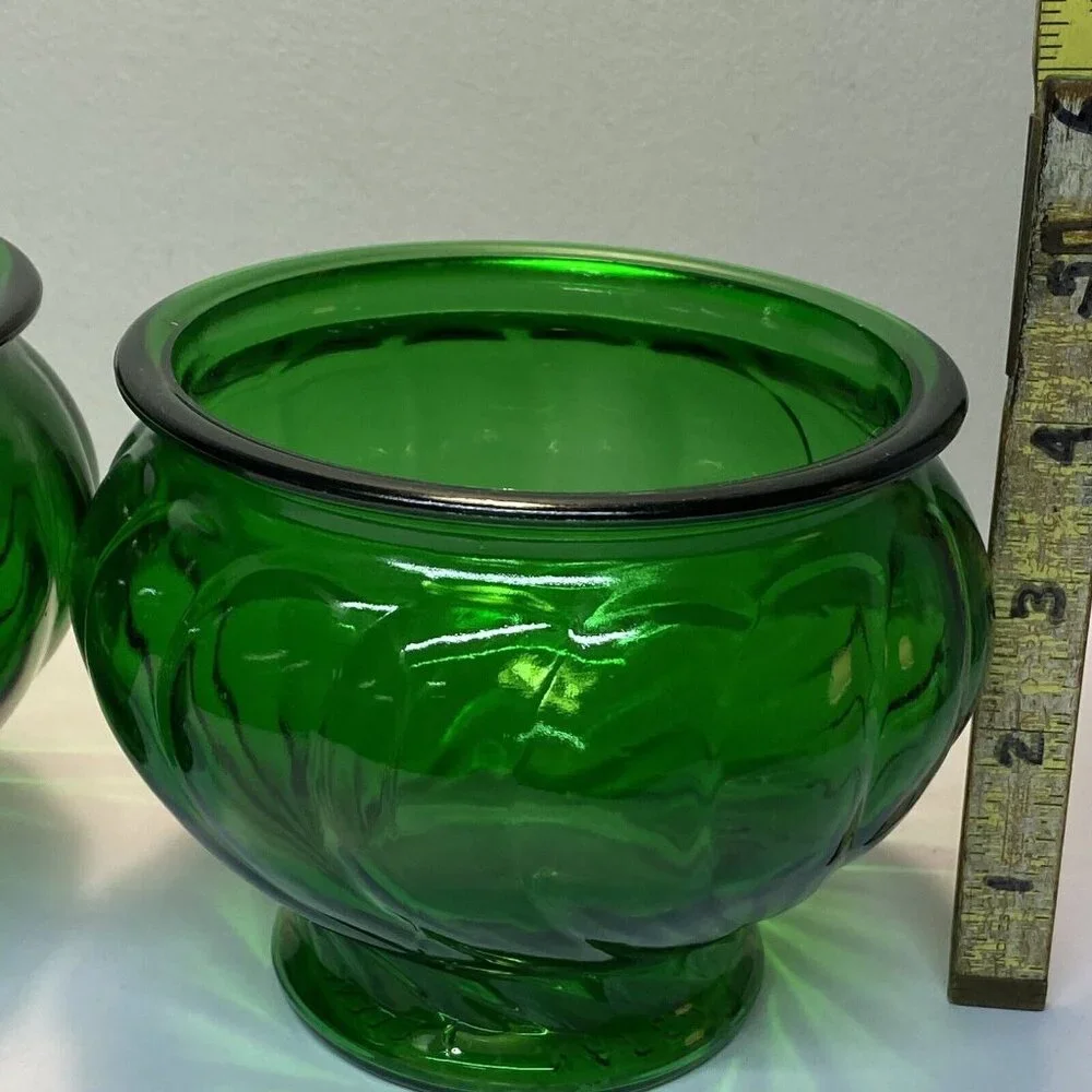 Vintage Green Glass Napco 1191 Cache Pot Planter Vase w/ Swirl Pattern Set Of 2 - Picture 8 of 12